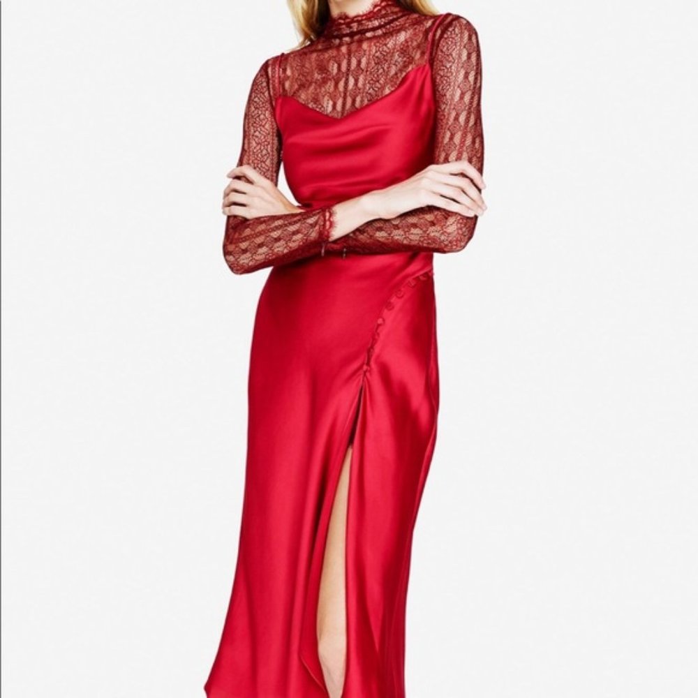 Jonathan Simkhai Sateen & Lingerie Lace Longsleeve Overlay Dress